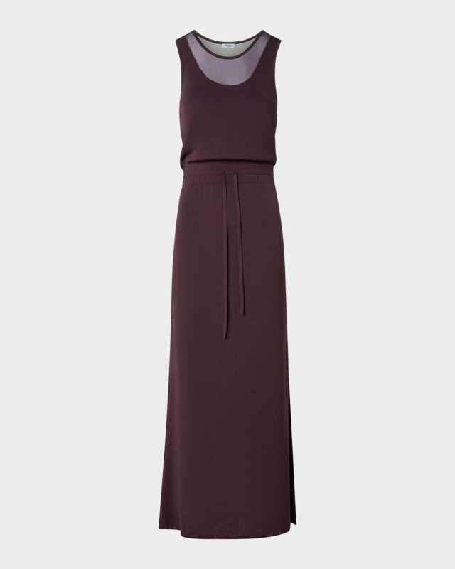 Sleeveless Layered Sheer Viscose Knit Drawstring Midi Dress